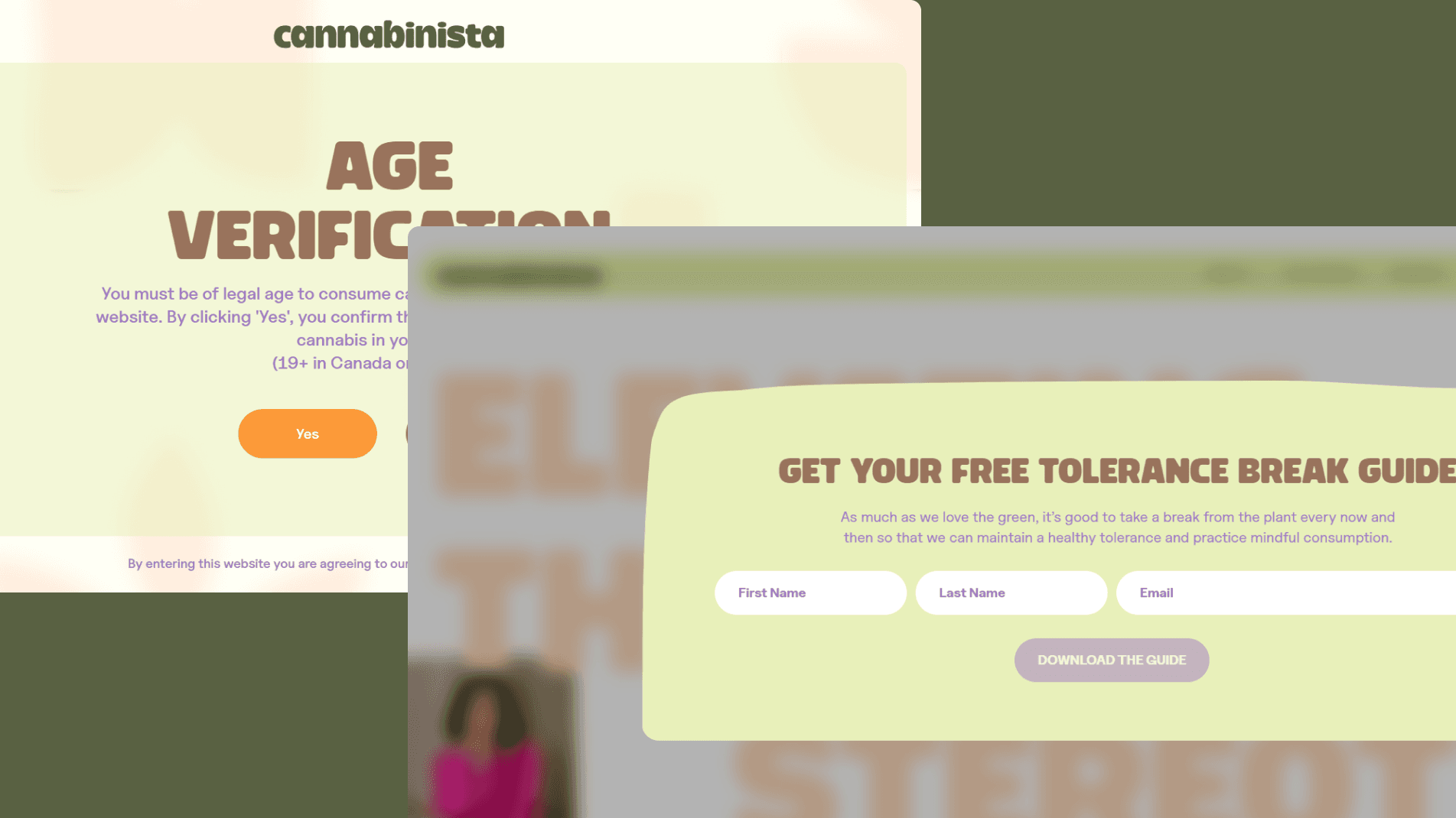 Cannabinista's website age verification and newsletter popup